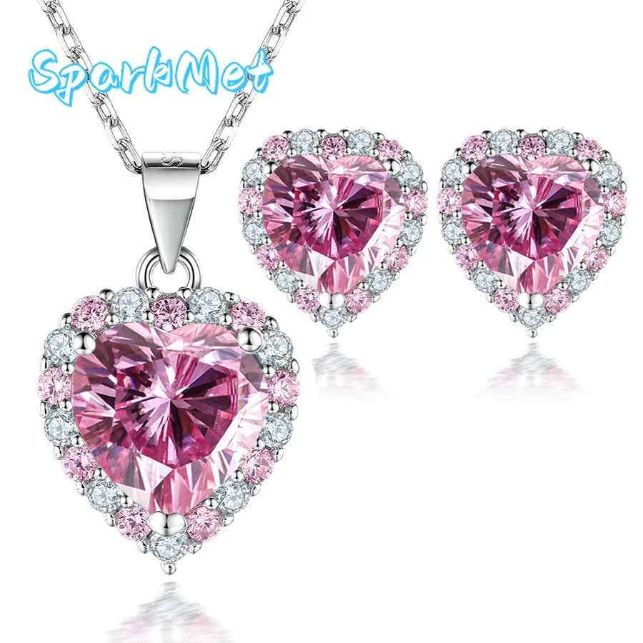 

SparkMet розовое сердце муассанит ожерелье серьги комплект 2 карата с сертификатом пройденный тест на бриллианты женские ювелирные изделия подарок S925 серебро