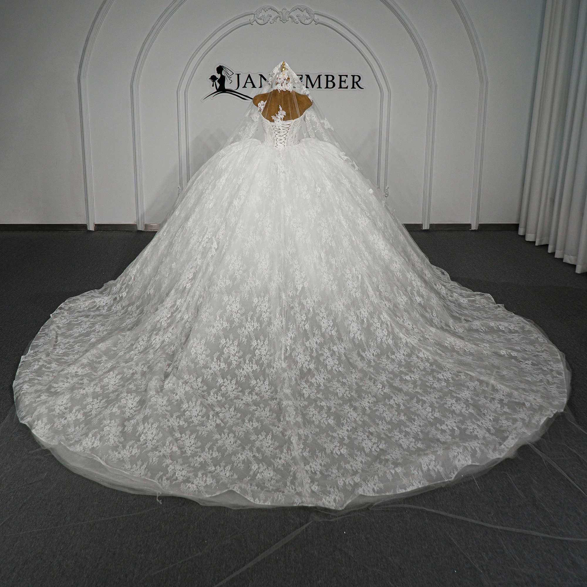 Exquisite White Ball Gown Customized Wedding Dress Scoop Off Shoulder Lace Long Sleeves Cathedral Train Vestido De Novia