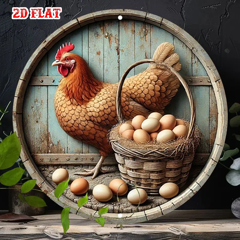 2D Metal Sign Farmhouse Chicken and Eggs Vintage Retro Barnyard Tin Wall Art for Home Kitchen Garden Rustic Country Decor Gift