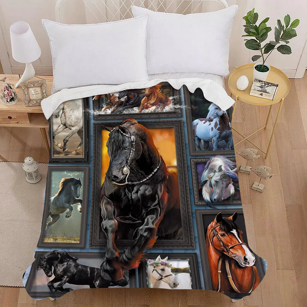 

Horse Painting Art 3D Print Plush Flannel Throw Bedding Square Picnic Bed Super Soft Lightweight King Queen Size Blanket Vintage