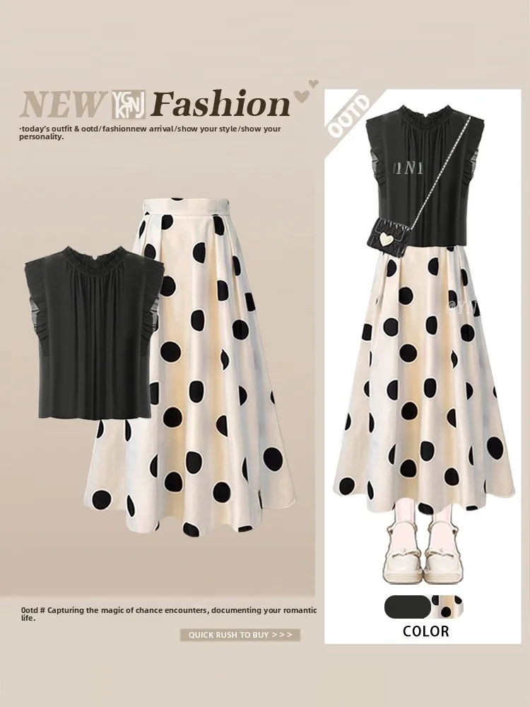 

Summer Faionable Chiffon irt Top High Waist Polka Dot Skirt Two Piece Set Slimming Effect Korean Sle round Ne ort S...