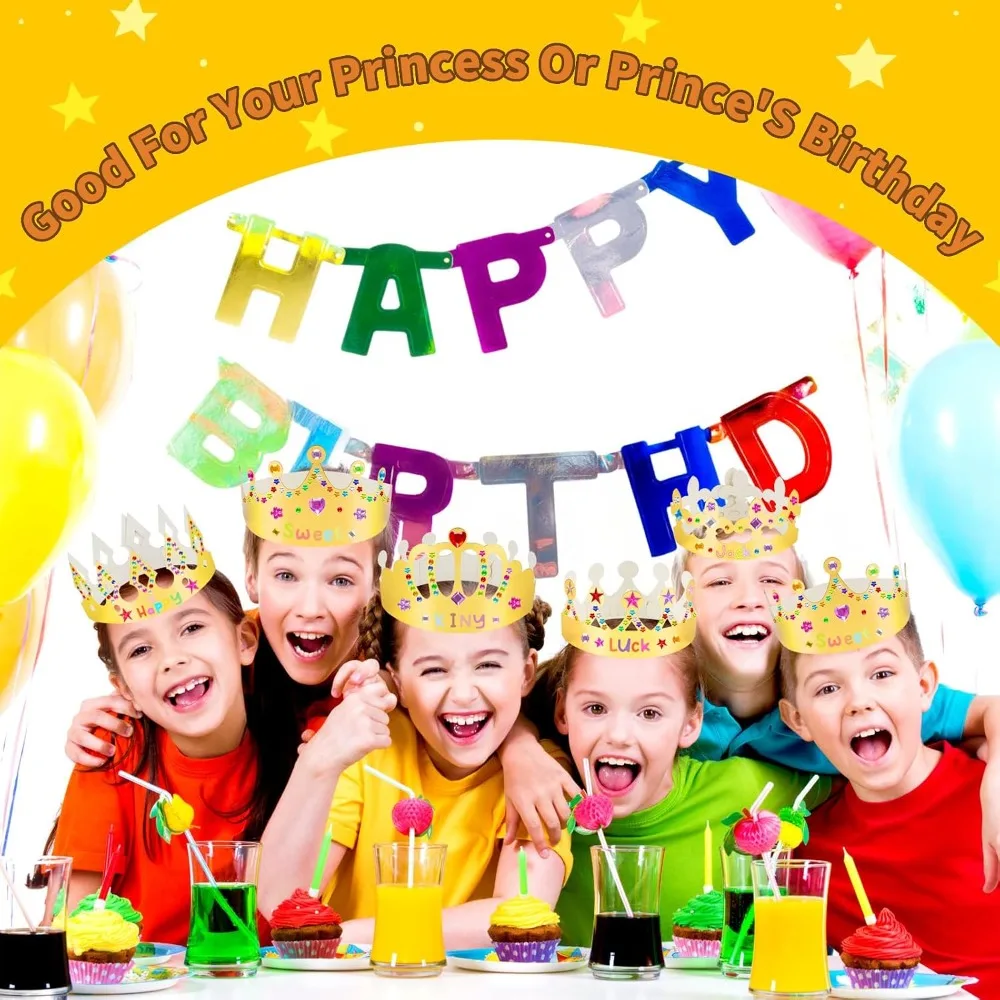Kids King Princess Paper Crowns 15 Pieces Gold Tone, Comes with Gem Alphabet Number Stickers, DIY Accessory for Birthday, Classroom Craft and Party Decoration view 6