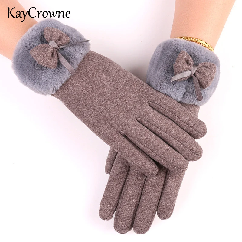 

KayCrowne Fashion Lady Gloves Women Winter Elegant Riding Touch Screen Thick Warm Windproof Full Finger Female Glove Bow G232