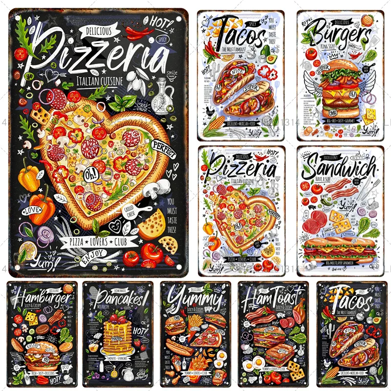 Creative Food Tin Painting Metal Sign Burger Pizza Poster Home Kitchen Café Restaurant Bar Party Art Painting Wall Decoration