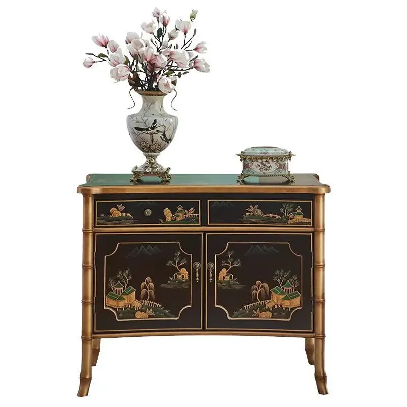 

Chinese style home entrance cabinet foyer decorative storage tea cabinet European art painted solid wood dining side cabinet