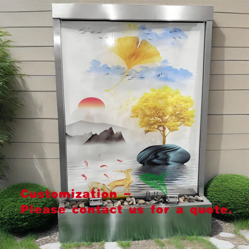 custom.Indoor or Outdoor Home Decoration Glass Waterfall Wall Feature Landscape Pattern Room Divider with Stainless Steel