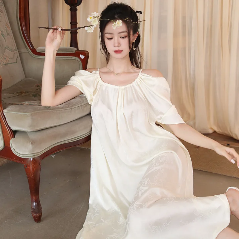 

Summer Ice Silk Night Dress Women Loose Short Sleeve Nightdress Fairy Sweet Princess Nightwear Apricot Square Collar Sleepwear