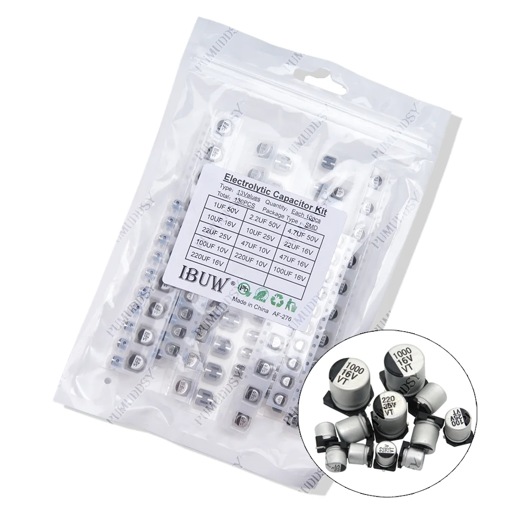 130PCS/LOT 1uF-220uF SMD Aluminum Electrolytic Capacitor Assorted Kit Set, PUMUDDSY 13Values*10PCS=130PCS Samples Kit