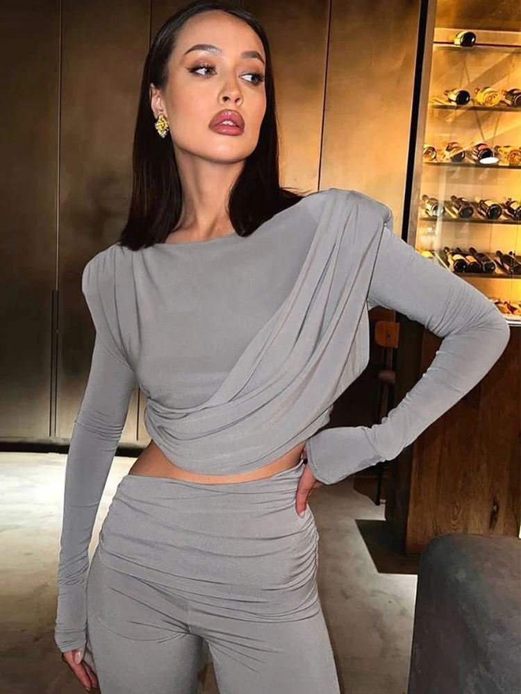 Estranho gato elegante ruched 2 peça conjunto feminino o-pescoço manga cheia colheita topos + calças alargamento estiramento magro casuals clássico streetwear
