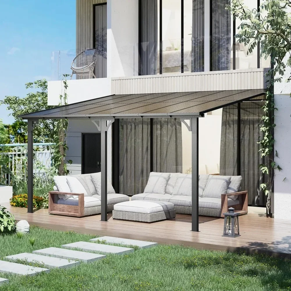 

d 10' x 14' Outdoor Pergola Gazebo, Wall-Mounted Lean to Metal Awnings Gazebos on Clearance for Patio, Large Panel Roof Pergolas