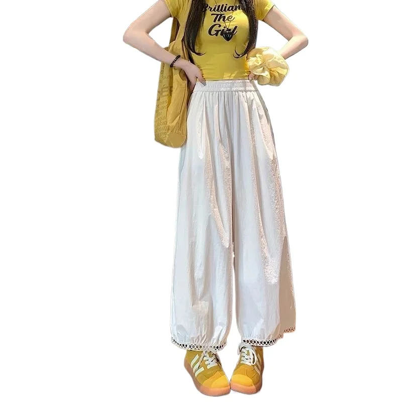 

Полые широкие повседневные брюки, летние модные свободные брюки большого размера, новые шаровары с девятью точками, кружевные, простые, быстросохнущие, дышащие