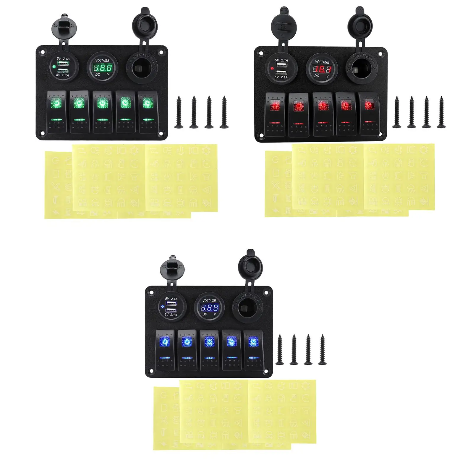 

5-бандовая панель кулисного переключателя для морской лодки, светодиодный цифровой вольтметр, водонепроницаемая двойная USB-розетка для зарядки, 12 В, алюминий для транспортных средств