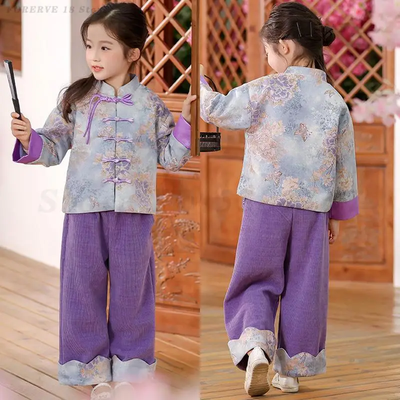 

Purple New Chinese Style Tang Suit Vintage Button Top Pants Hanfu Set Traditional Antique Style Clothing Kids Girls Tang Costume