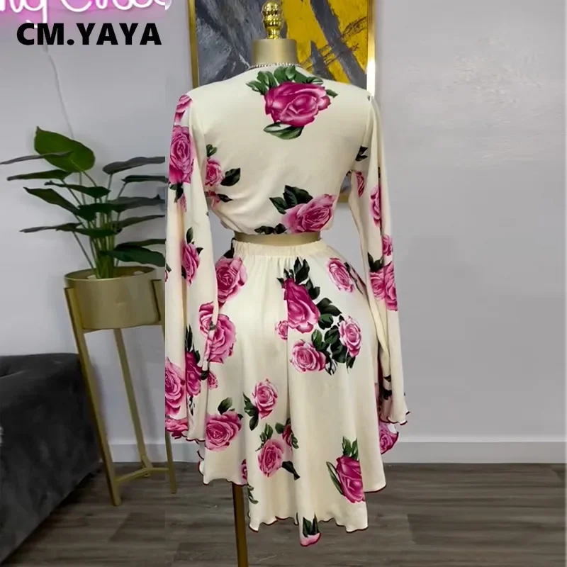 CM.YAYA Women Sets Long Sleeve Floral Printed Shirt+mini Skirts Sets 2025 Summer Beach Sexy Night Party Two 2 Piece Set Outfits