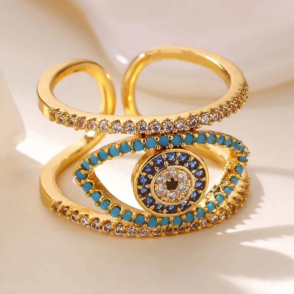 Luxury Evil Eye Rings for Women Open Hollow Stainless Steel Ring Gold Color Lucky Cubic Zirconia Jewelry Femme anillos Freeship