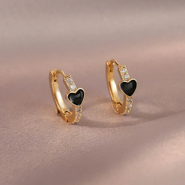 PONYKISS 925 Sterling Silver Zircon Black Heart Hoop Earrings for Women Cute Fine Jewelry Minimalist Light Luxury Accessories