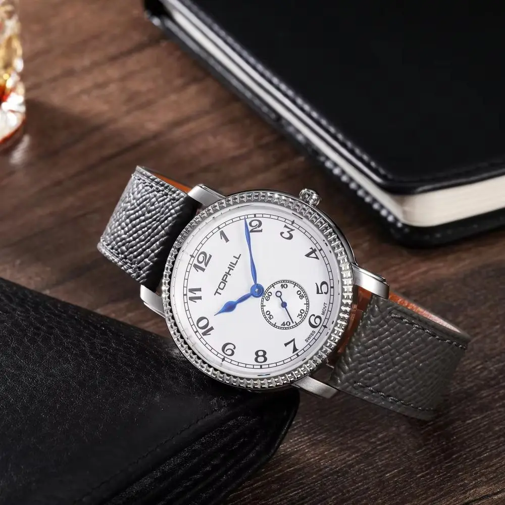 TOPHILL 40mm Ronda 6004.B Vintage Men Quartz Watch Sapphire Sandblasted Matte Dial Arabic Indices Subdial 5Bar Leather TW113G