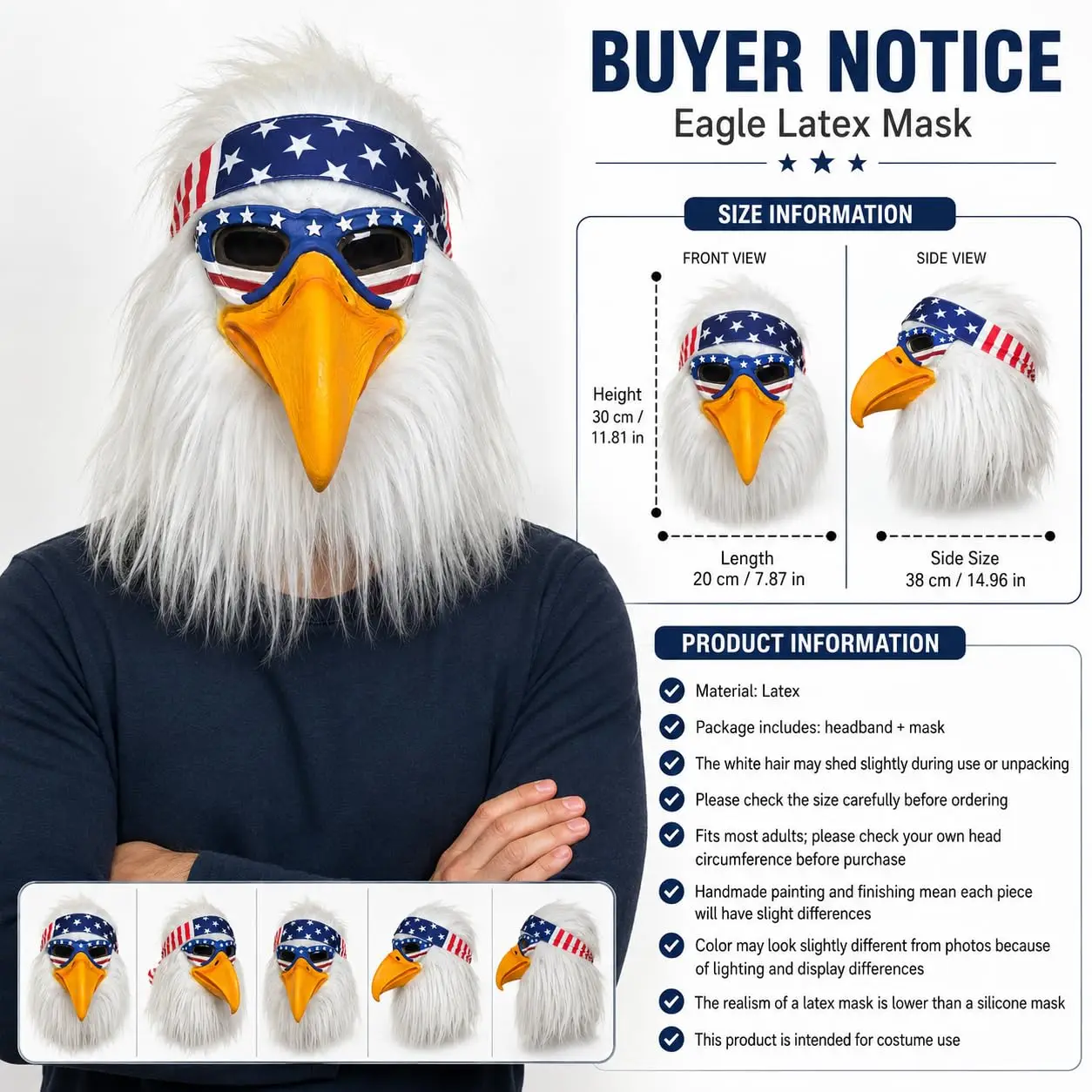 Patriotic Bald Eagle Mask With American Flag Star Stripe Bandana 4th of July Halloween Rock Party Costume Cosplay Headgear