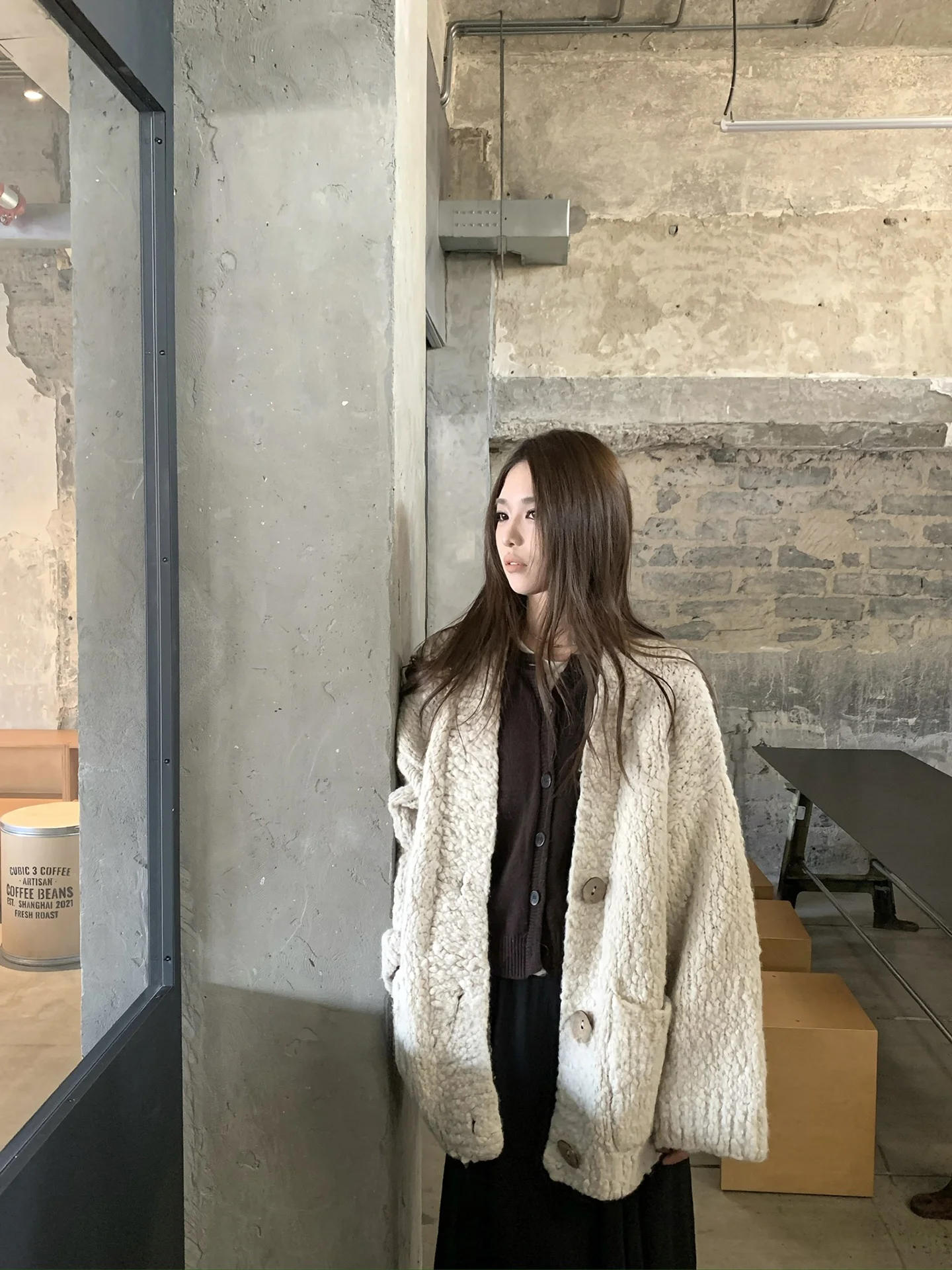 

F Attidue Wooden Tone 99 Woolen Oats Thi Needle Texture Knitted Sweater Cardigan Casual Loose Fit V-Ne Long Sve Warmth