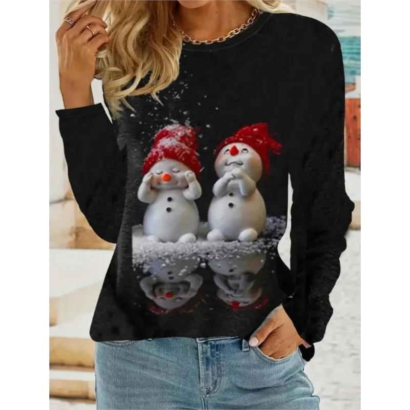 New Women\'s Top Snowman Printed Round Neck T-shirt Personalized Casual Cute Style Long Sleeve T-shirt Women\'s Spring and Autumn