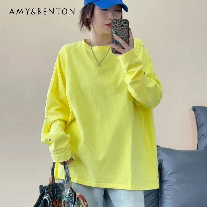 

Rivet Brushed Mid-length Loose Long Sleeves T-shirt Solid Color Slimming Tops Women's Y2k Clothes Oversized Bottoming Shirt