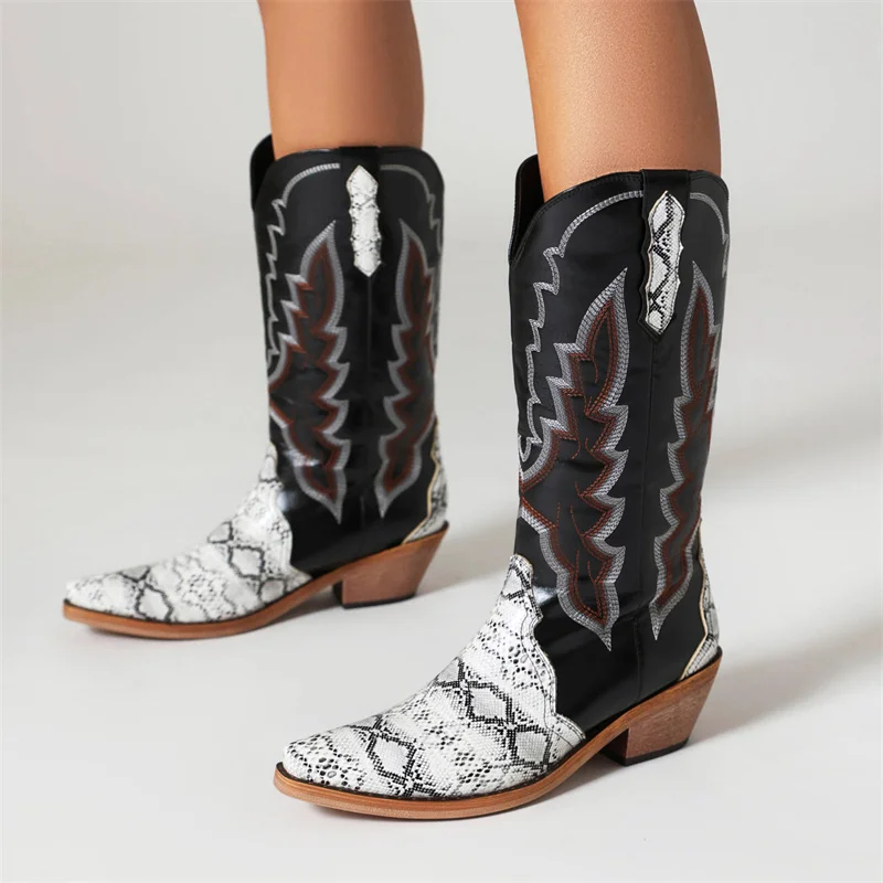 IPPEUM Leather Western Boots Women Embroidered Wide Calf Pointed Toe Retro Black Size 46 Cowgirl Cowboy Boots Free Shipping