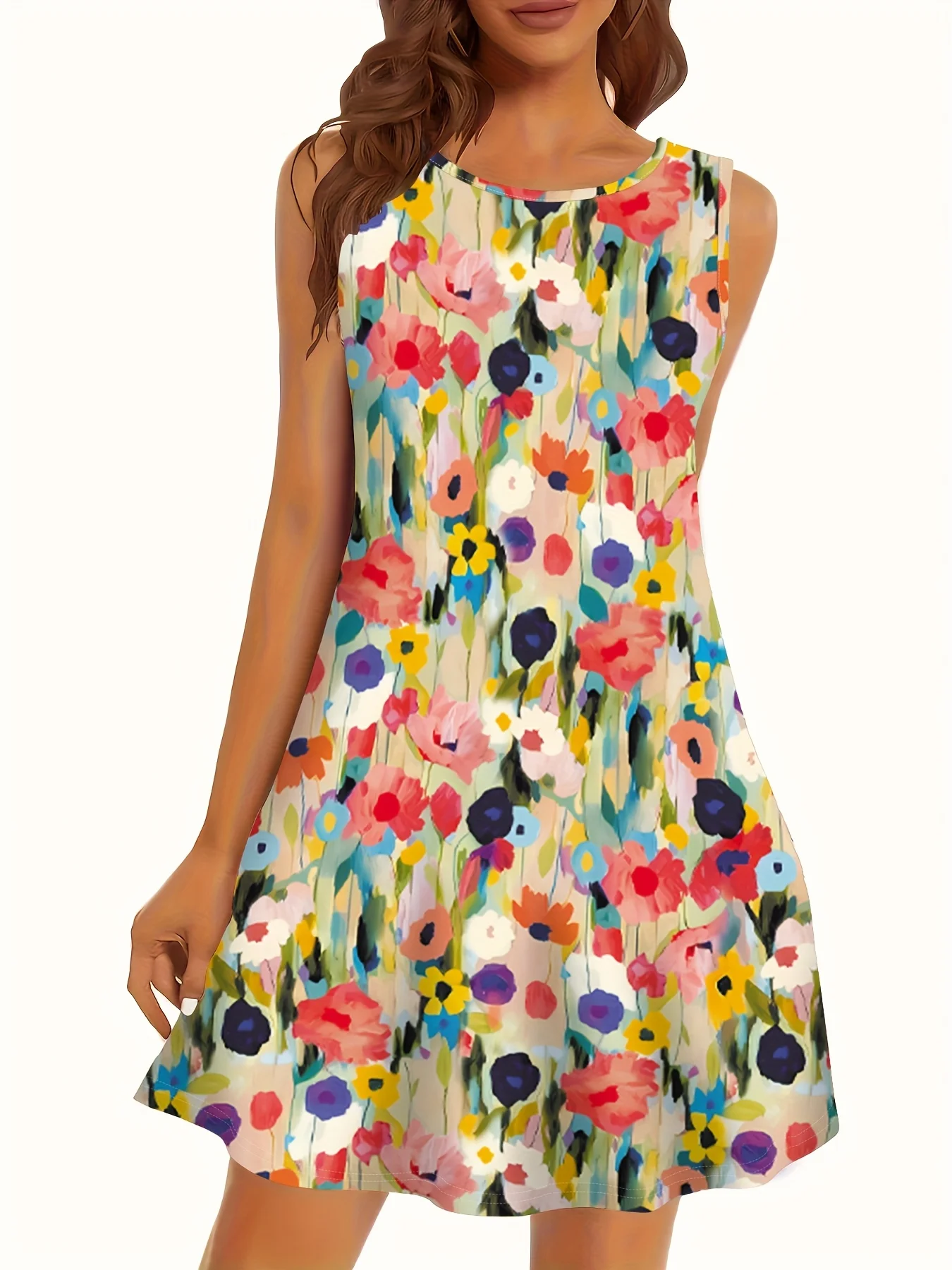 Mini abito fluido da donna senza maniche con scollo rotondo e stampa floreale ad acquerello colorato, casual estivo
