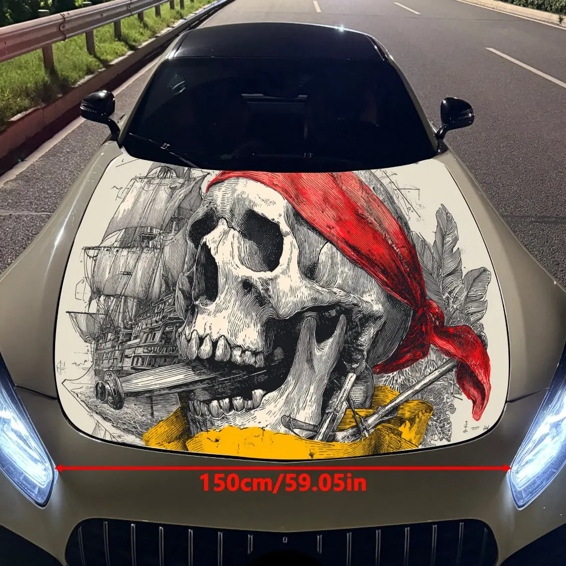 Brave Pirate Skull Car Engine Hood Sticker, Auto Vinyl Wraps, Waterproof Self-adhesive Vehicle Decal, Durable & Anti-scratch Aut