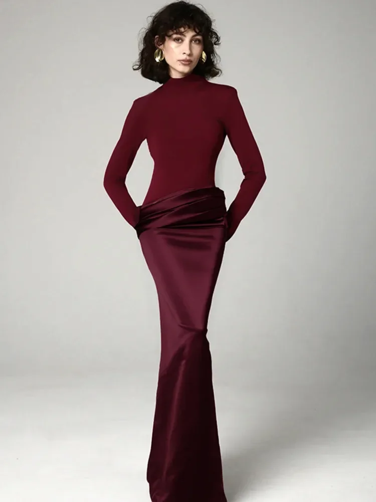 

Turtleneck Long Sleeve Sexy Maxi Dress Women Gown Elegant Patchwork High Waist Bodycon Club Party Split Long Dress