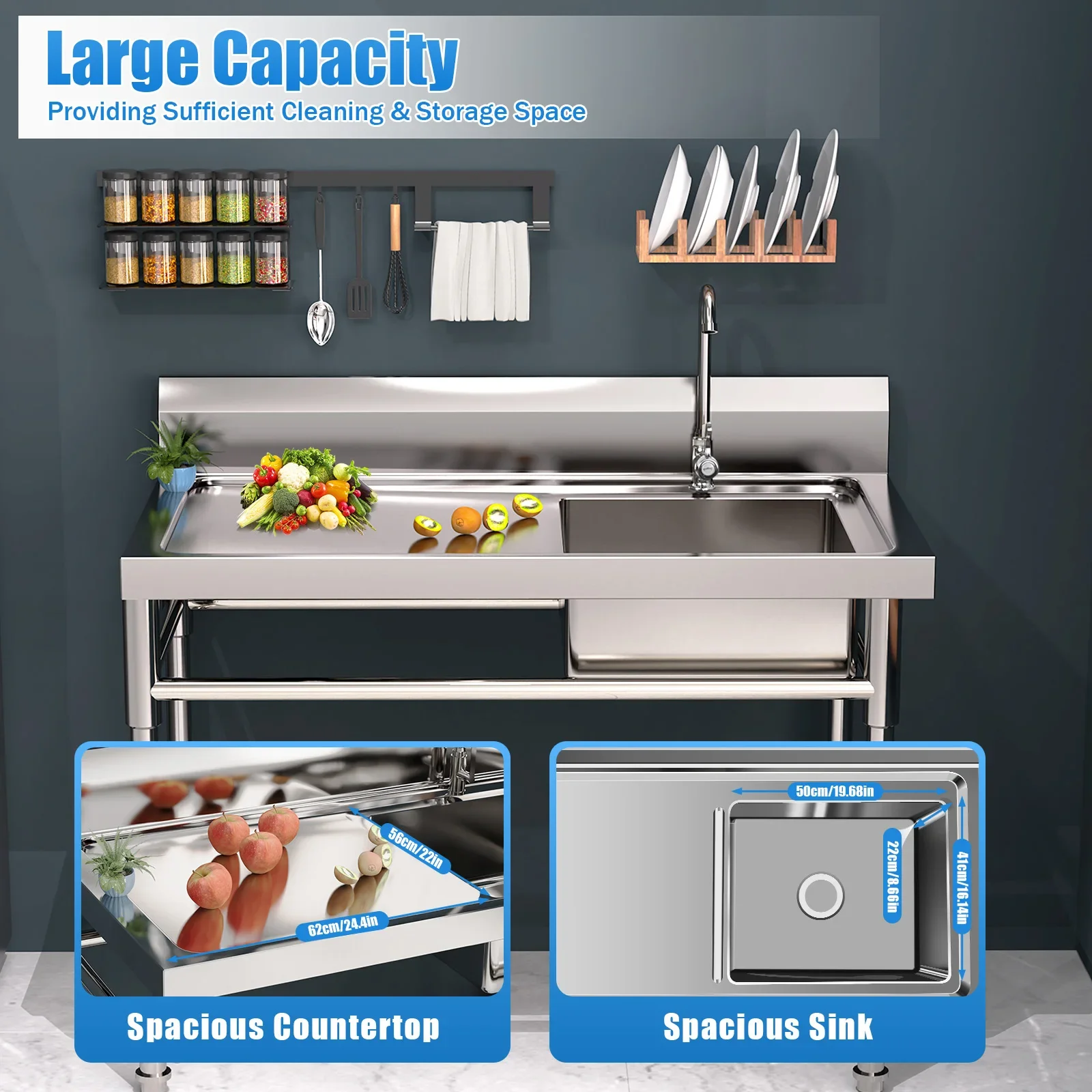 Table préparation d'évier  cuisine commerciale, acier inoxydable, compartiment unique, nouveau