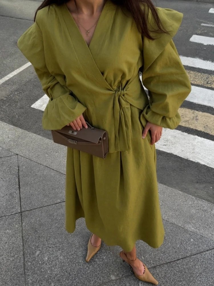 

Full Sleeve Lace Up Shirt Skirt Suits Women Elegant V-neck Slant Opening Shirts High Waist Patchwork Long Skirts Casual Outfits
