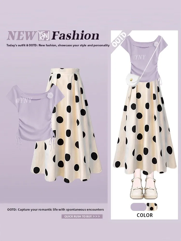 

Korean Style Purple Polka Dot Halter Neck Slimming Top And Skirt Set Fashionable Two-Piece Ensemble for Women Summer Collection