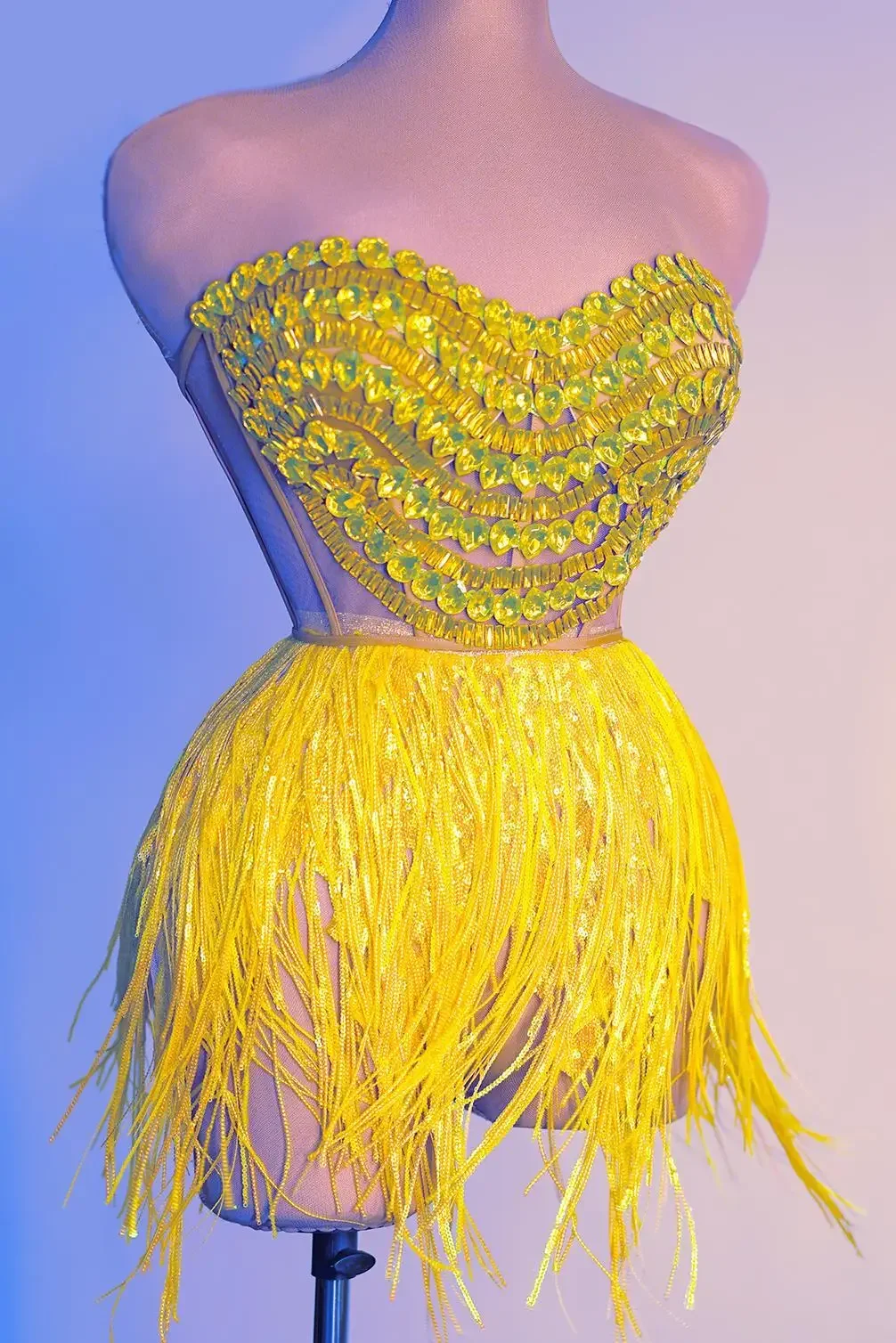 Birthday Outfit Yellow Sequin Tassels Women Corset Skirt Set Party Club Bar Outfit Photo Shoot Wear Stage Costume