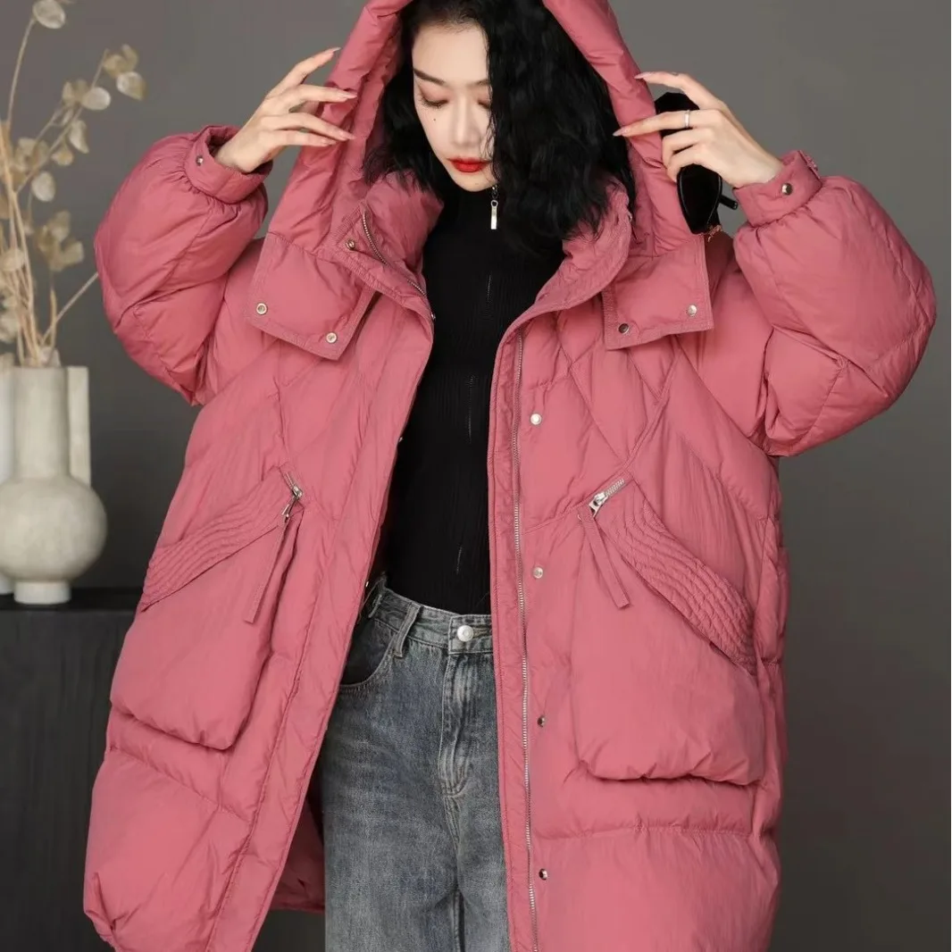 

Women's Winter Jacket Hooded Down Coats Korean Simple Large Pockets Outerwears Thickened Loose Warm Snow Mid-length Puffer Coats