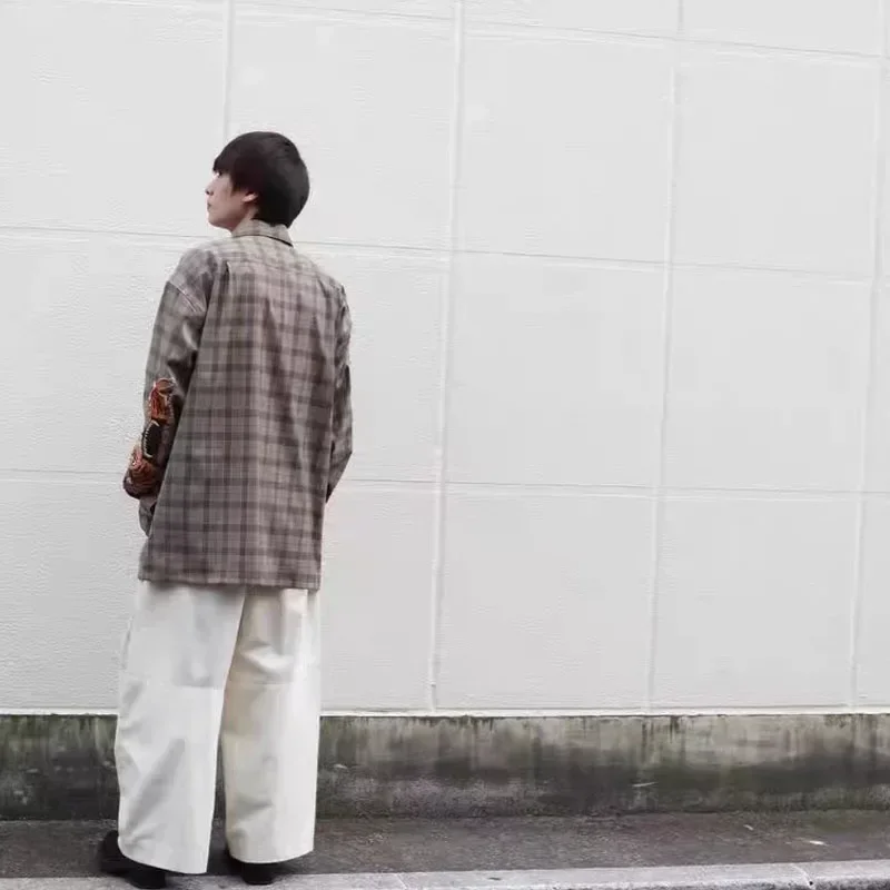 New DOUBLET Japanese Retro Washed Tiger Embroidery Men's and Women's Khaki Plaid Loose Casual Shirt Jacket