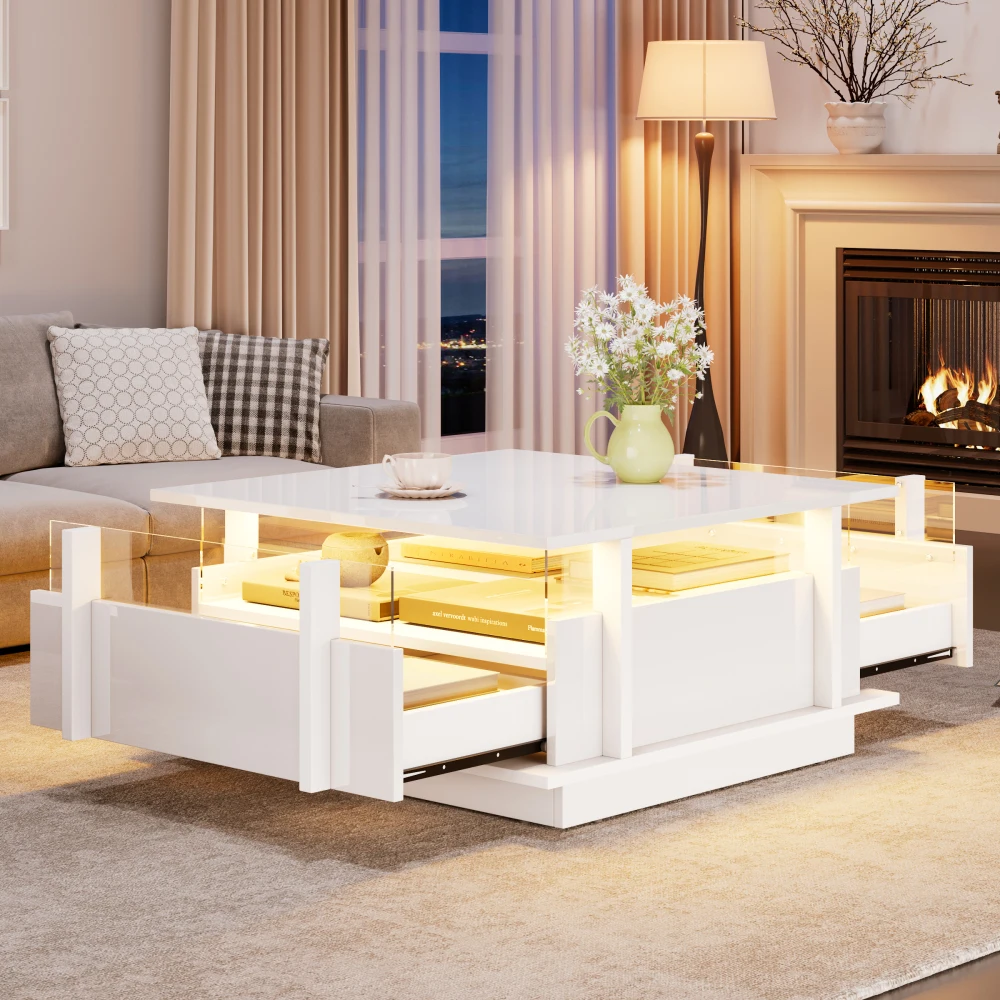 70x70x35cm moderne hoogglans salontafel met LED-verlichting, stevige acryl zijpanelen en 2 laden, salontafel in de woonkamer