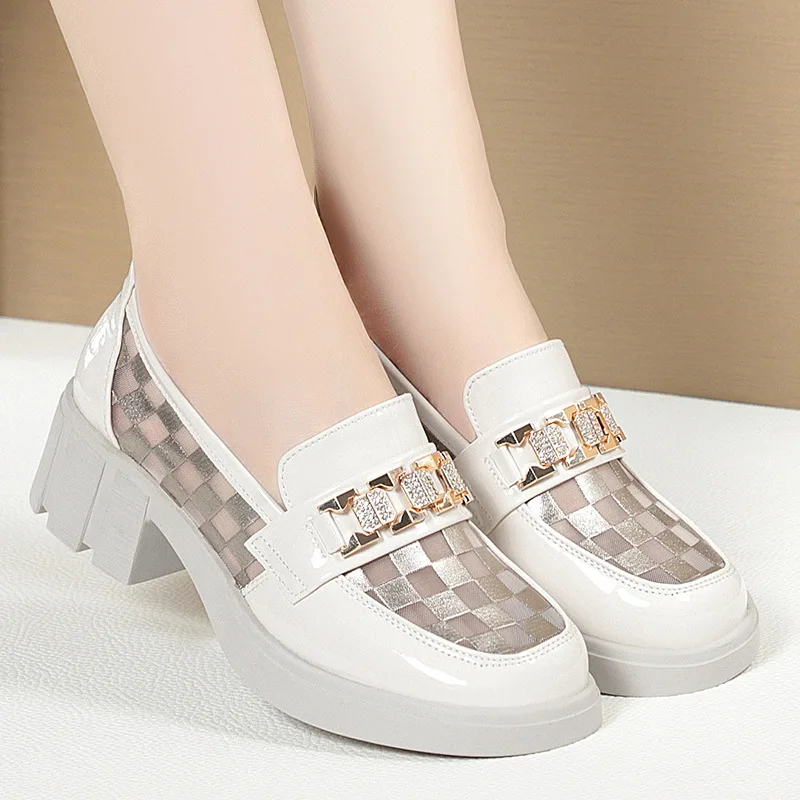 2024 Spring Female Shoes Women  Mary Jane Round Toe Flats Hollow Checkerboard Platform Casual Metal Chain Buckle Heels Black