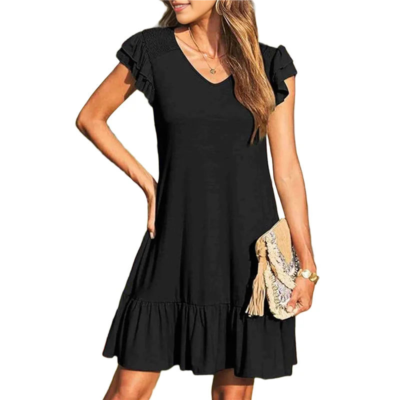 NUOVI abiti estivi da donna con volant manica corta smock scollo a V casual allentato a-line altalena mini abito prendisole