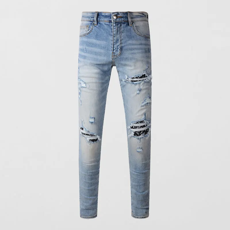 Fashionable men's slim fit ripped patch light blue jeans elastic high street hip-hop style elastic brand pants Y2K
