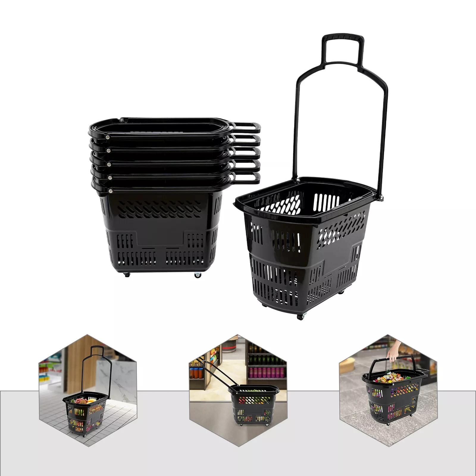 

6pc Plastic Rolling Market Basket Set – Shopping Basket with Wheels, 35L
