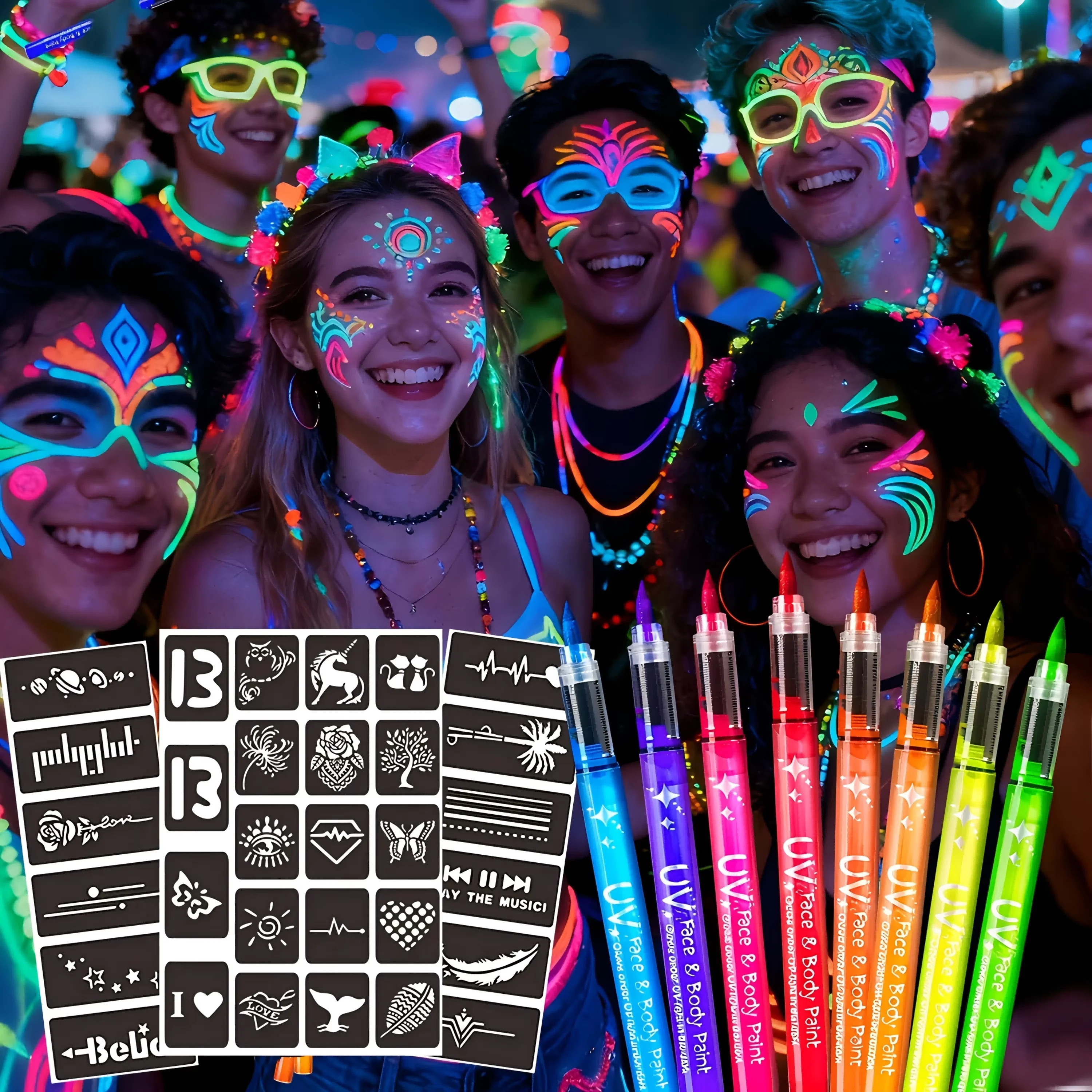 8 Colors Fluorescent UV Face & Body Paint Pens with 31 Reusable Tattoo Stencils Glow in Dark Makeup for Rave Party Festival