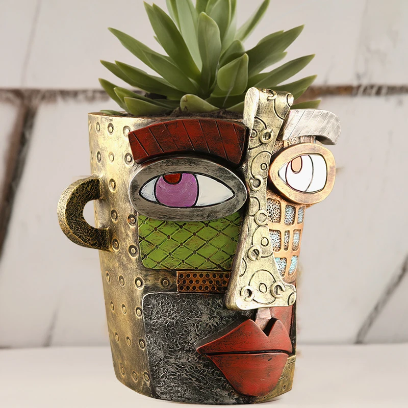 Resin Retro Face Colorful Abstract Art Succulent Flower Pots Resin Ornament Antique Flower Vase