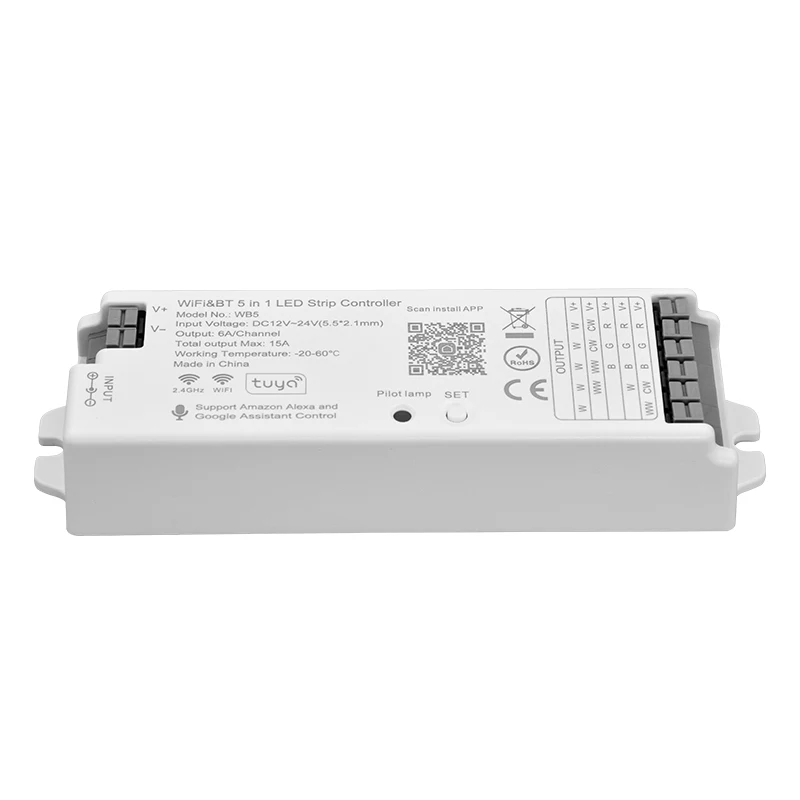 Smart WiFi LED Controller, WB5, BT 5 em 1, 2.4GHz, RF, RGBCCT, Controlador Remoto para Cor Única, RGB, RGBW, Dual, White LED Strip