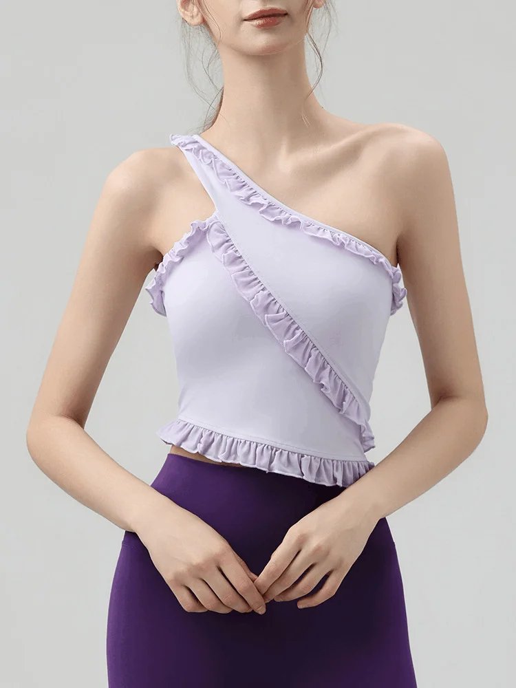Yoga top with off-shoulder ruffle, strappy outerwear with built-in cups, beautiful back, perfect for training, Pilates, and yoga
