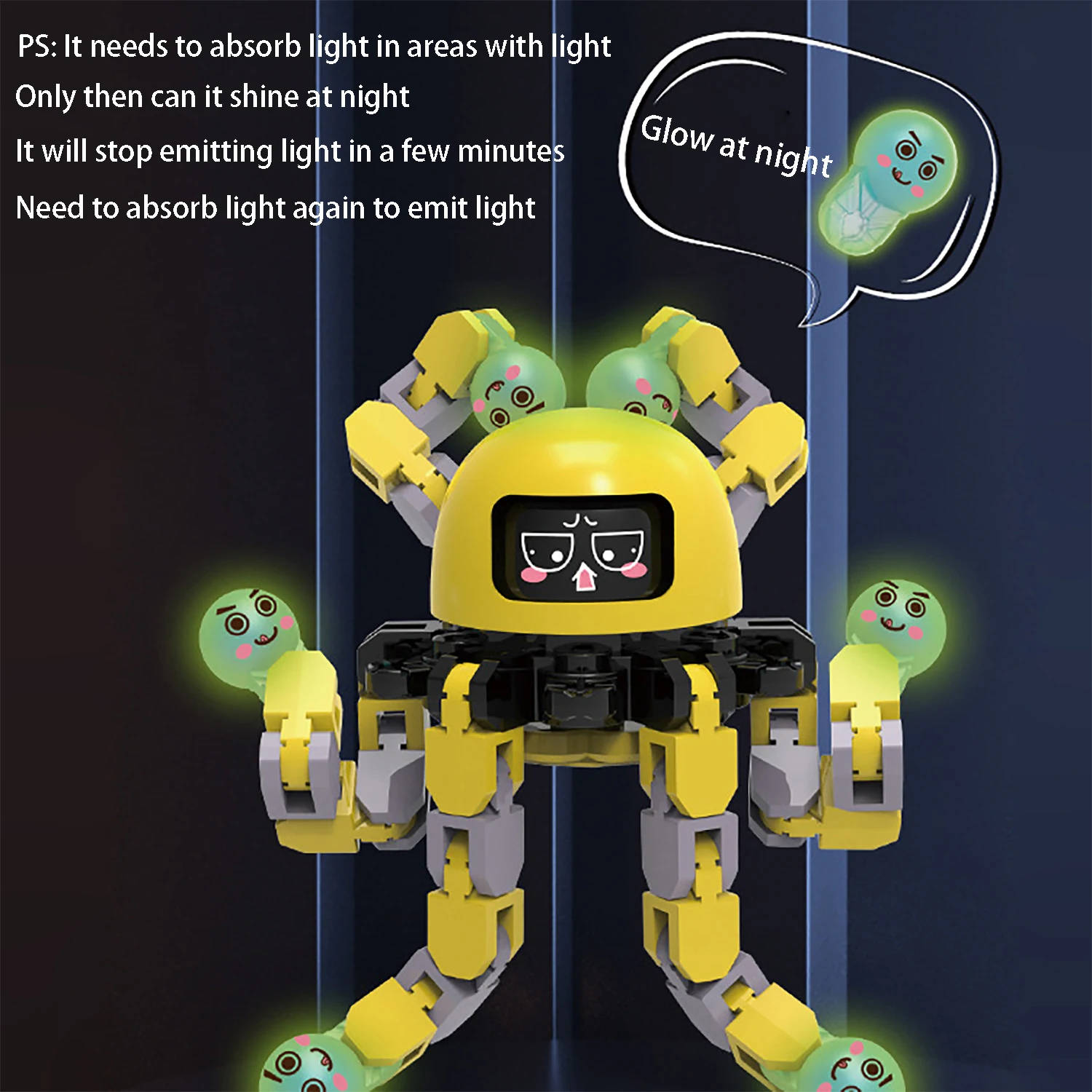 Luminous fingertip gyroscope with versatile mechanical face toy Octopus robot, luminous finger rotation decompression