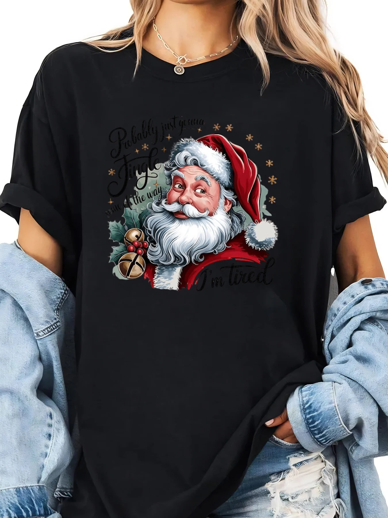 Santa Claus Jingle All The Way I'm Tired Print Christmas T-Shirt Women Casual Holiday Outfit Black Plus-size