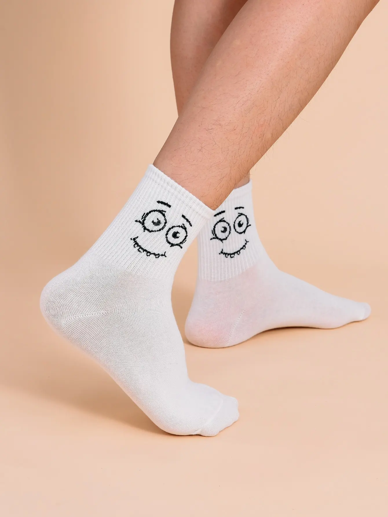 5 Pairs Middle Tube Men Socks Set White Solid Cartoon Graphic Pattern Fashion Breathable For Male Style Casual Comfortable Socks