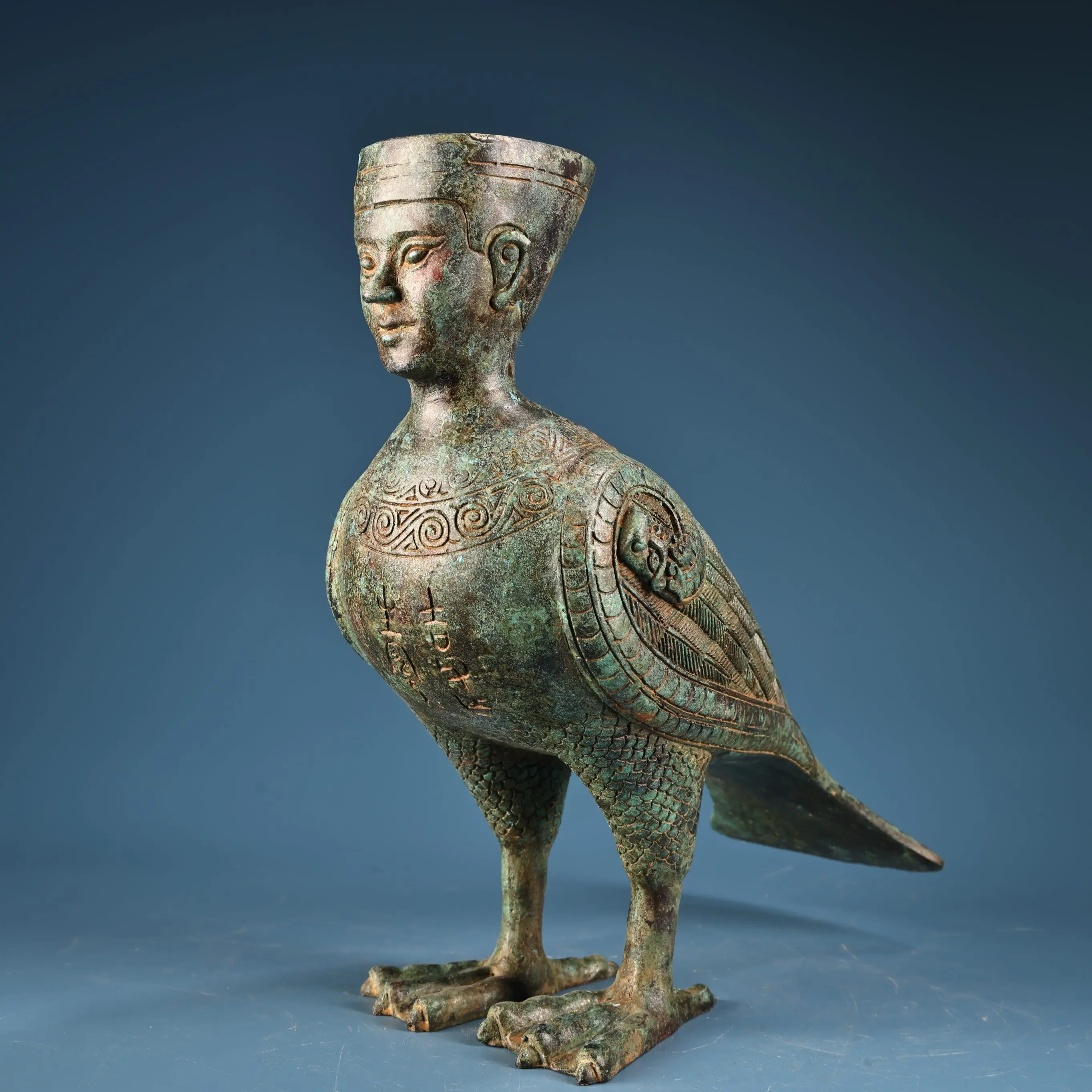 Tibet Folk Old Bronze Ware nscription Engraved pattern Bronze Man Face Bird Body Statue Human headed bird Amass wealth Ornaments