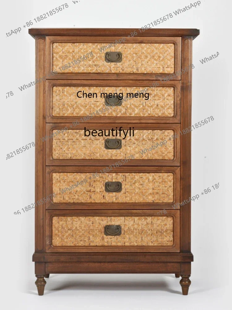

ss7304Rattan Chest of Drawers Mid-Ancient Side Cabinet Solid Wood Five-Bucket Cabinet Living Room Wall Cabinet Locker