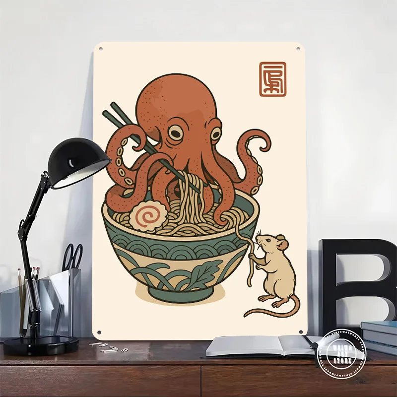 Whimsical Octopus Ramen Bowl Japanese 3D Texture Metal Poster Customized Wall Art Tin Sign Gift for Mancave Garage Accessories